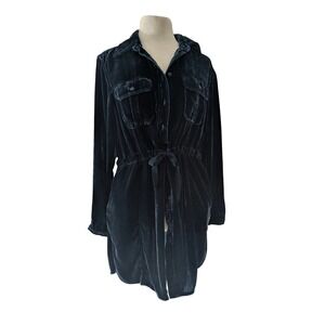 Coldwater Creek Silk Blend Velvet Shirt Dress Navy Green Blue Drawstring Waist